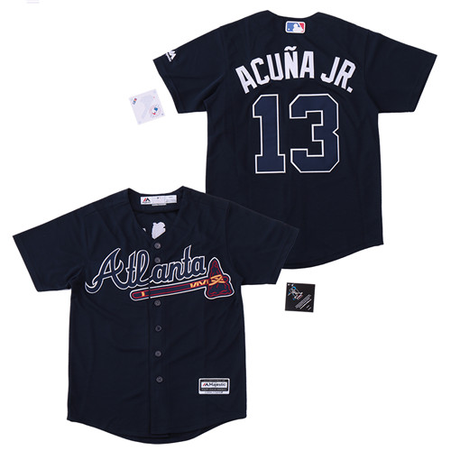 Youth Braves 13 Ronald Acuna Jr. Navy Youth Cool Base Jersey