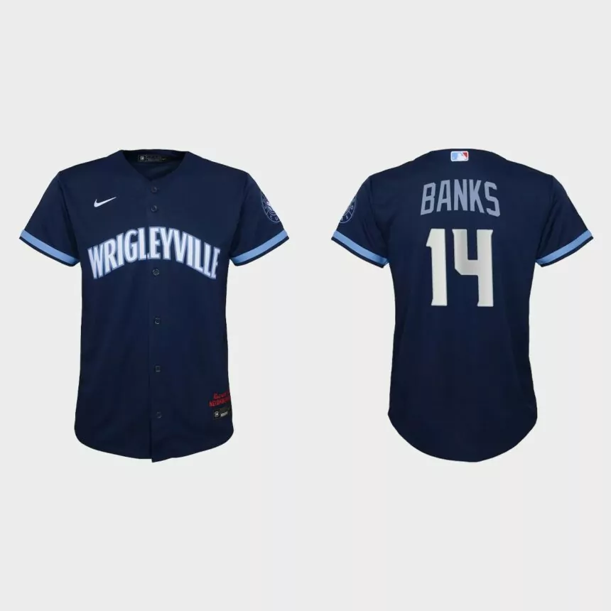 Youth Chicago Cubs #14 Ernie Banks Navy 2021 City Connect Replica Jersey