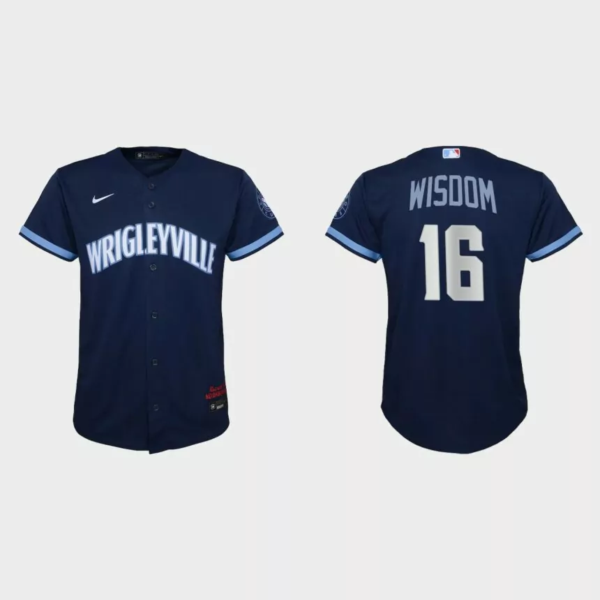 Youth Chicago Cubs #16 Patrick Wisdom Navy 2021 City Connect Replica Jersey