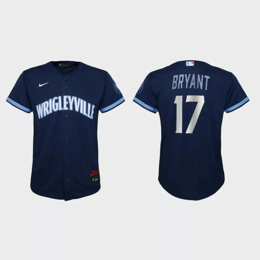 Youth Chicago Cubs #17 Kris Bryant Navy 2021 City Connect Replica Jersey