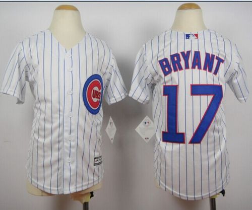 Youth Chicago Cubs #17 Kris Bryant White(Blue Strip) Cool Base Stitched Baseball Jersey