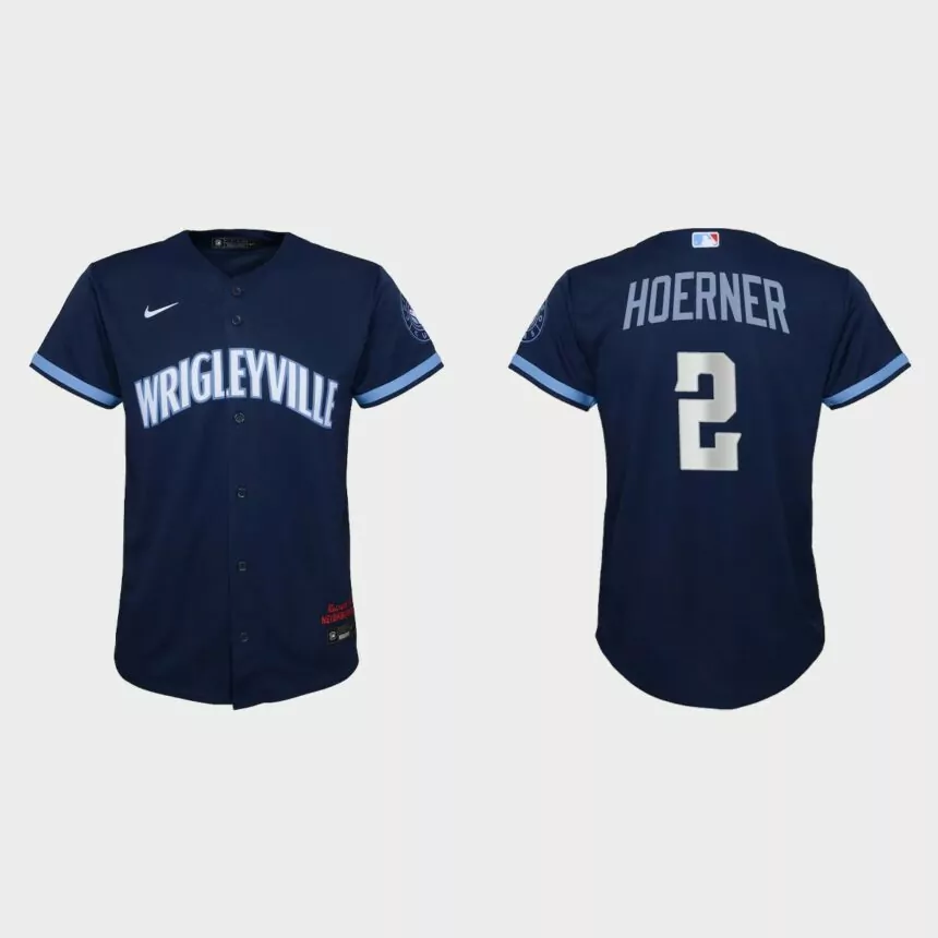 Youth Chicago Cubs #2 Nico Hoerner Navy 2021 City Connect Replica Jersey