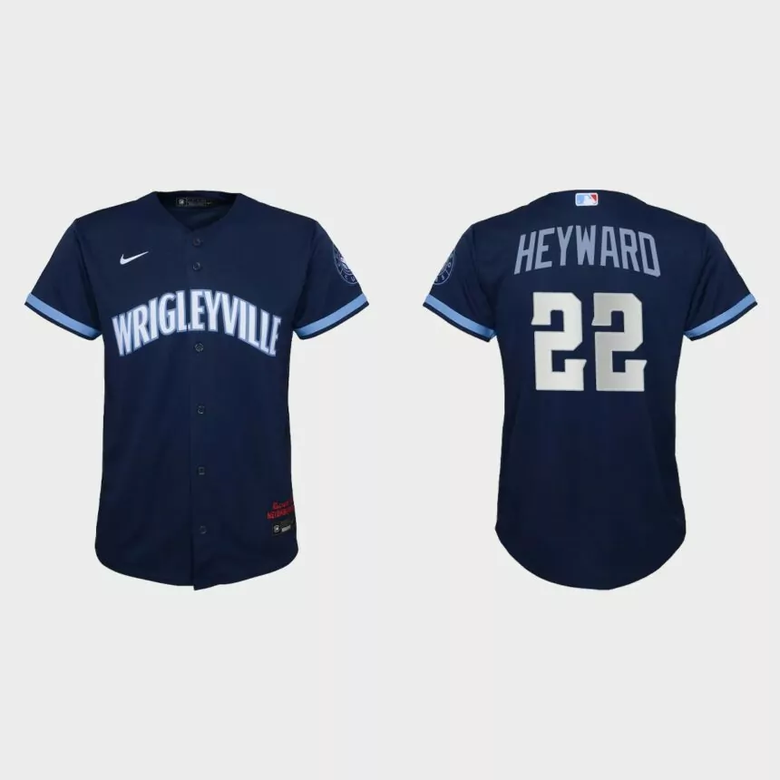 Youth Chicago Cubs #22 Jason Heyward Navy 2021 City Connect Replica Jersey