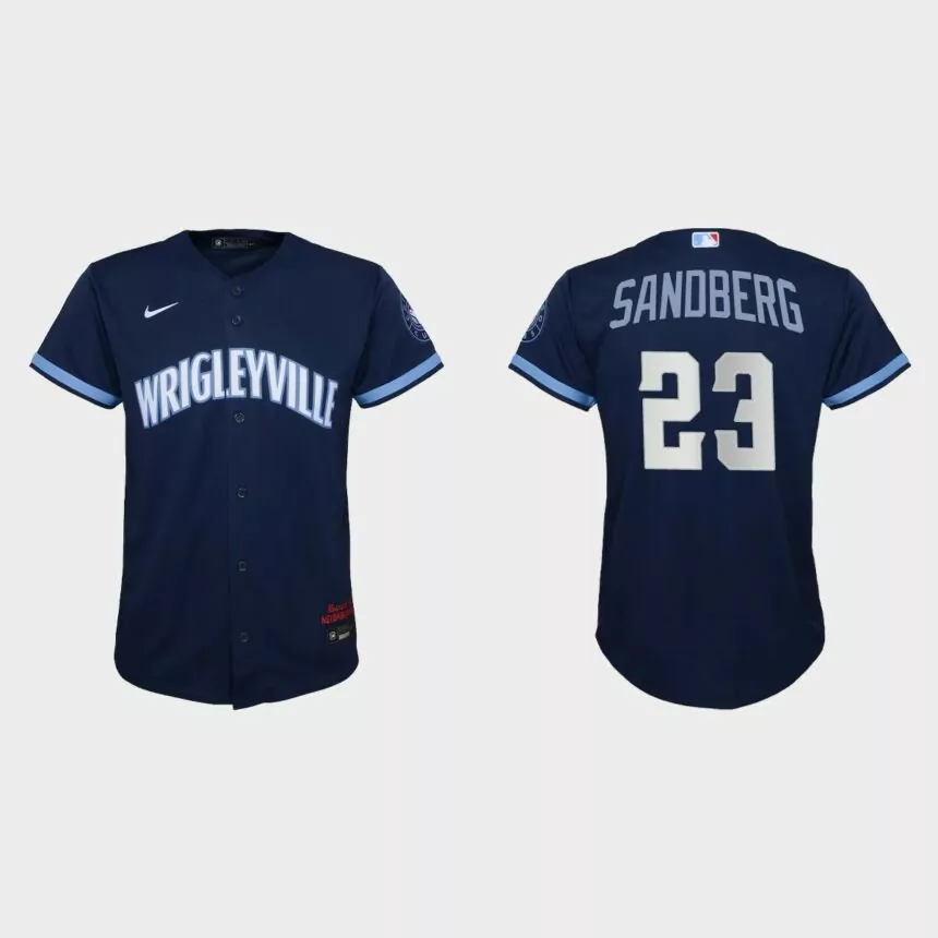 Youth Chicago Cubs #23 Ryne Sandberg Navy 2021 City Connect Replica Jersey