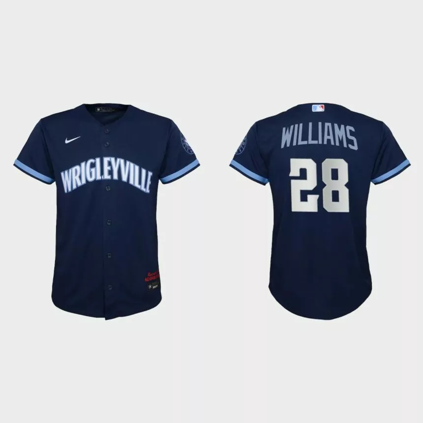 Youth Chicago Cubs #28 Mitch Williams Navy 2021 City Connect Replica Jersey