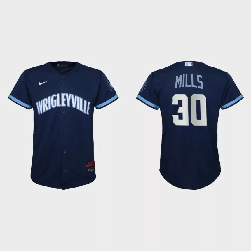 Youth Chicago Cubs #30 Alec Mills Navy 2021 City Connect Replica Jersey