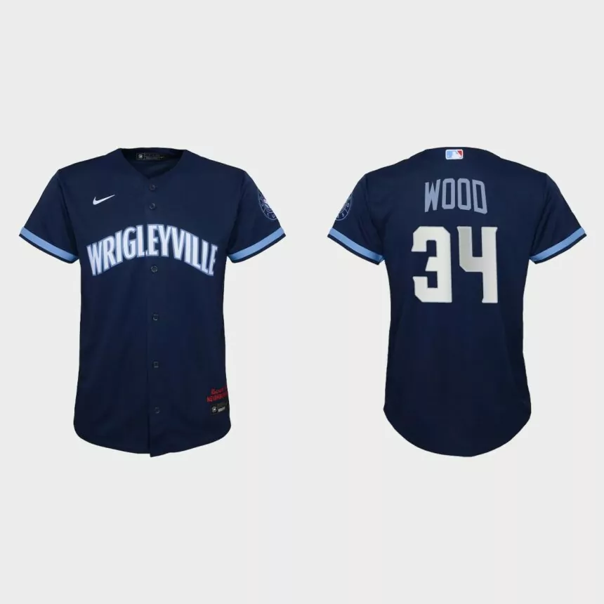 Youth Chicago Cubs #34 Kerry Wood Navy 2021 City Connect Replica Jersey