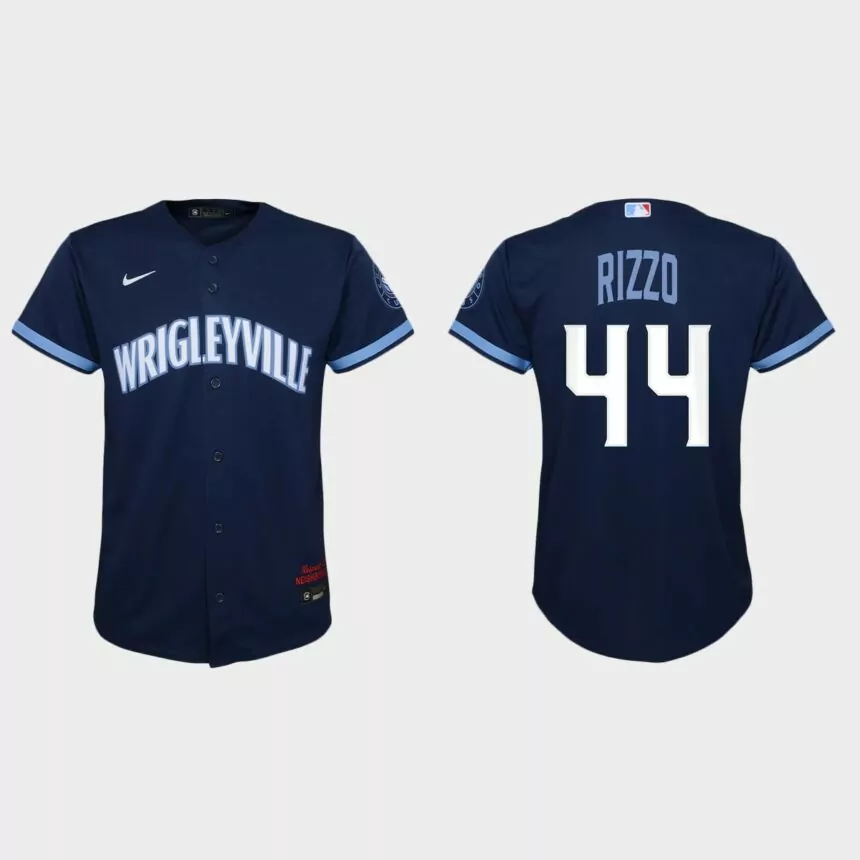 Youth Chicago Cubs #44 Anthony Rizzo Navy 2021 City Connect Replica Jersey