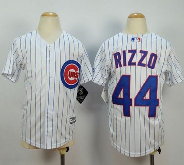 Youth Chicago Cubs #44 Anthony Rizzo White(Blue Strip) Cool Base Baseball Jersey
