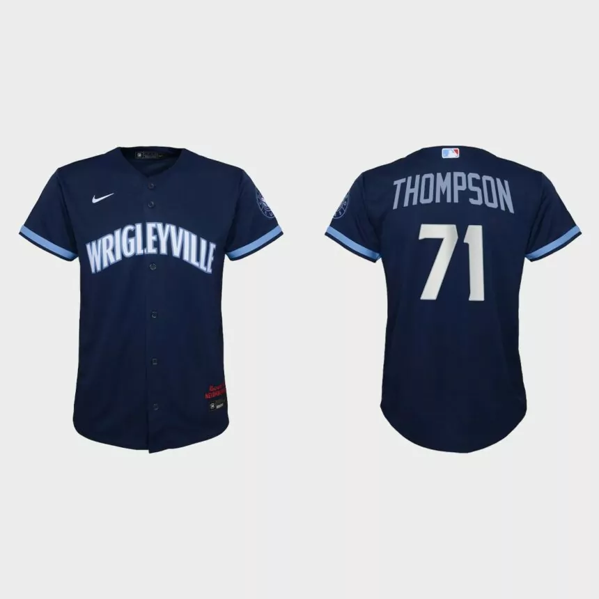 Youth Chicago Cubs #71 Keegan Thompson Navy 2021 City Connect Replica Jersey
