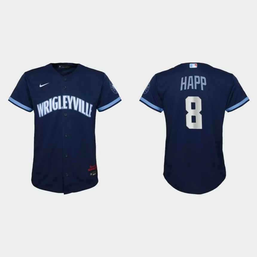 Youth Chicago Cubs #8 Ian Happ Navy 2021 City Connect Replica Jersey