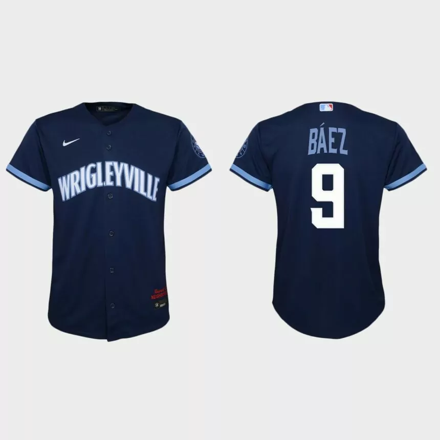 Youth Chicago Cubs #9 Javier Baez Navy 2021 City Connect Replica Jersey