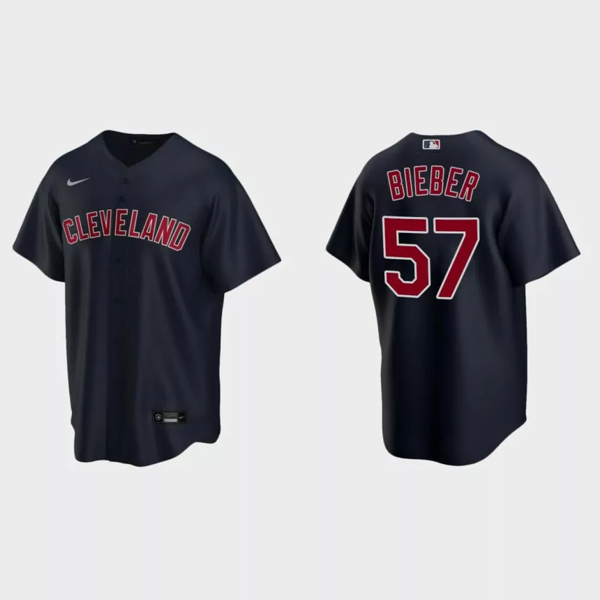 Youth Cleveland Indians #57 Shane Bieber Navy Replica Alternate Jersey