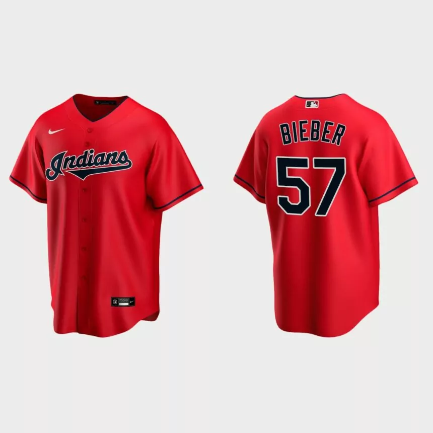 Youth Cleveland Indians #57 Shane Bieber Red Replica Alternate Jersey