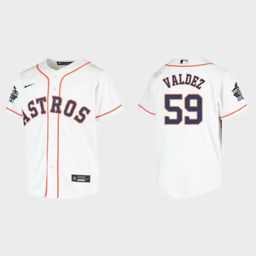 Youth Houston Astros Framber Valdez White 2022 World Series Replica Jersey