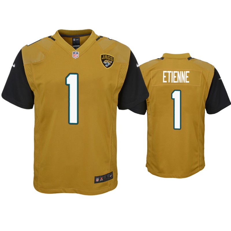 Youth Jacksonville Jaguars #1 Travis Etienne Nike Bold Gold Color Rush Jersey