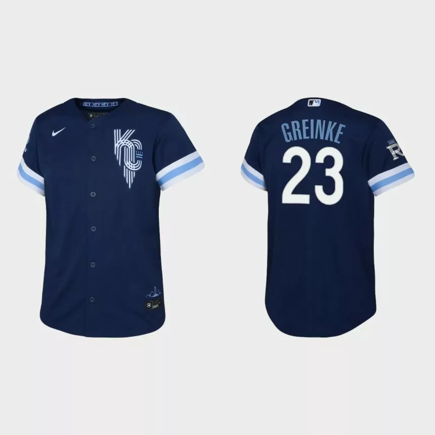 Youth Kansas City Royals Zack Greinke Navy 2022 City Connect Replica Jersey
