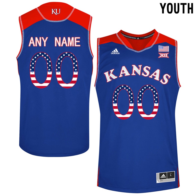 Youth Kansas Jayhawks Royal Blue College Basketball US Flag Fashion Customized Jersey