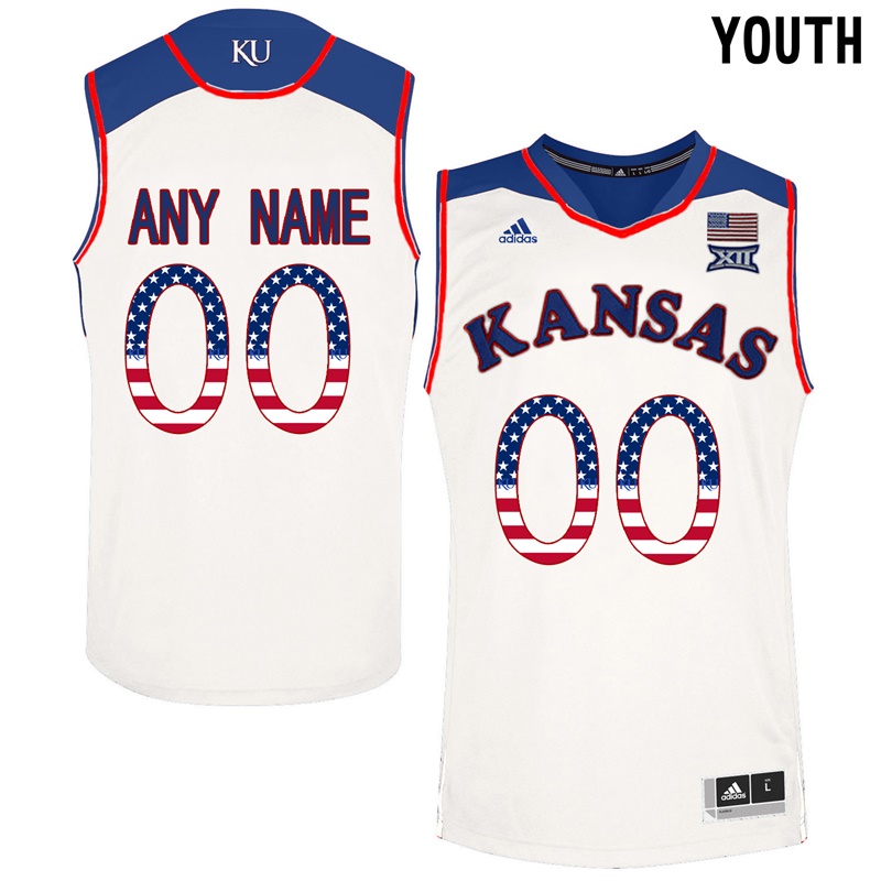 Youth Kansas Jayhawks White College Basketball US Flag Fashion Customized Jersey