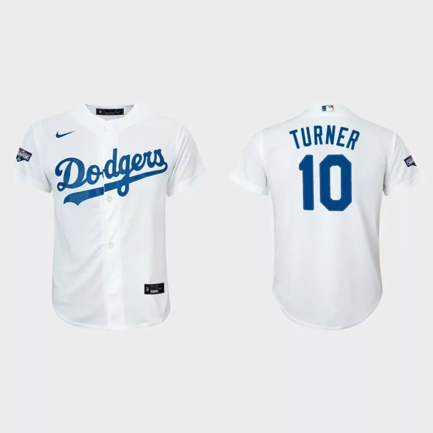 Youth Los Angeles Dodgers #10 Justin Turner White 2020 World Series Champions Home Replica Player Nike Jersey
