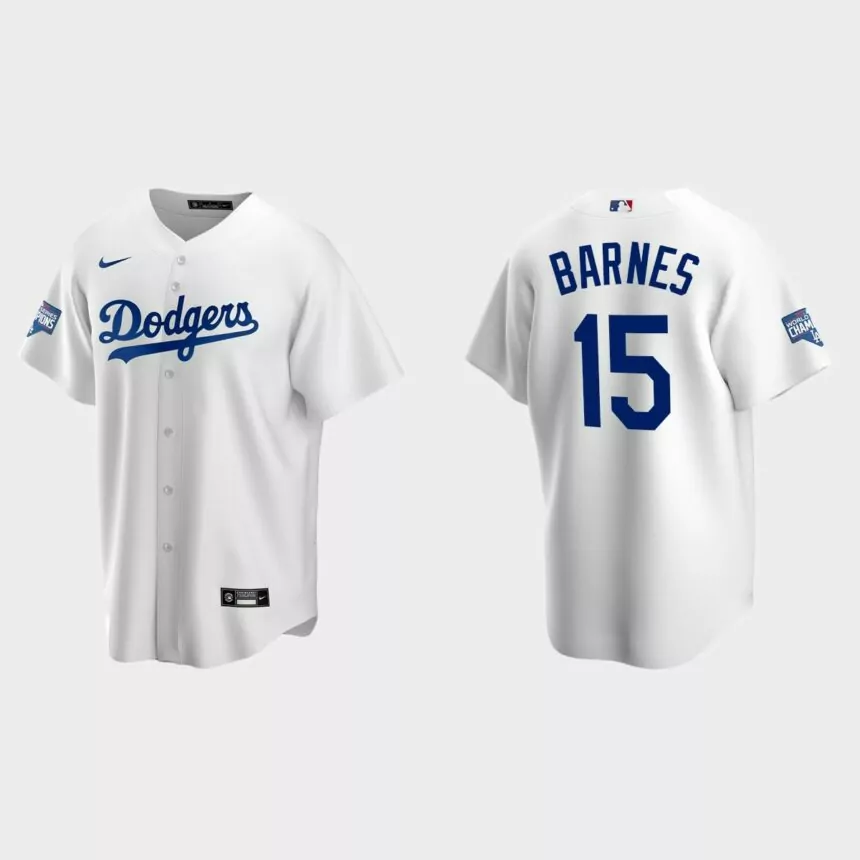 Youth Los Angeles Dodgers #15 Austin Barnes White 2020 World Series Champions Replica Home Jersey