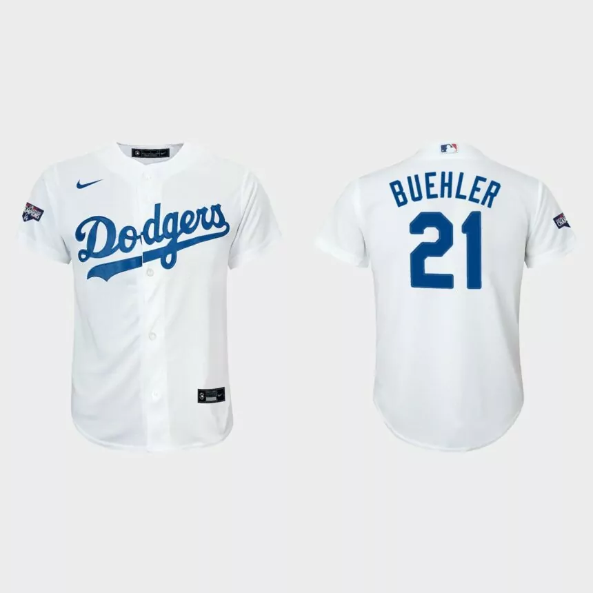 Youth Los Angeles Dodgers #21 Walker Buehler White 2020 World Series Champions Home Replica Player Nike Jersey
