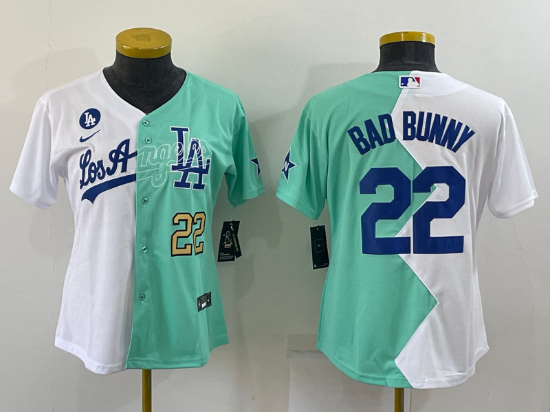 Youth Los Angeles Dodgers #22 Bad Bunny White Green Two Tone 2022 Celebrity Softball Game Cool Base Jerse