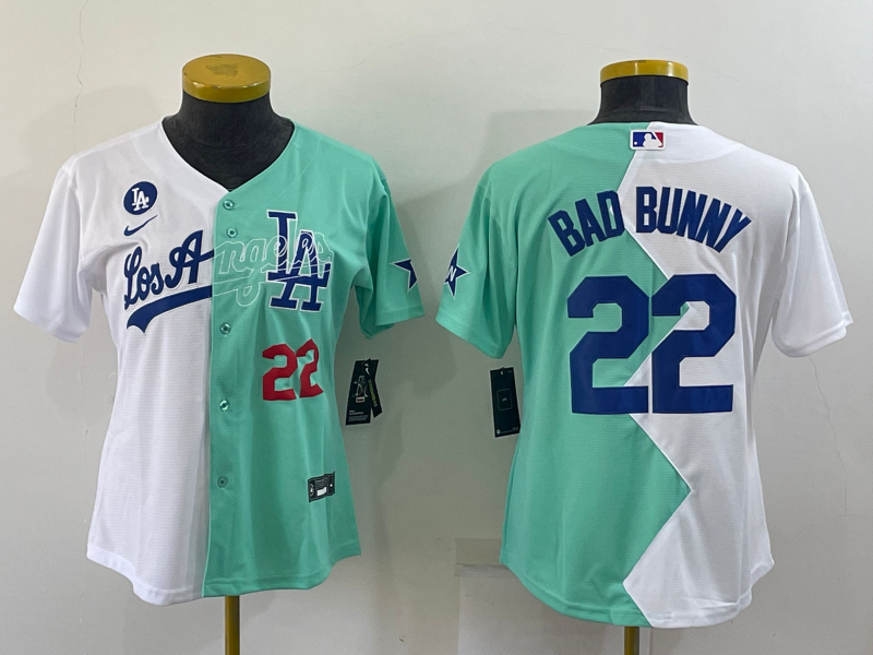 Youth Los Angeles Dodgers #22 Bad Bunny White Green Two Tone 2022 Celebrity Softball Game Cool Base Jersey的副本