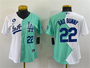 Youth Los Angeles Dodgers #22 Bad Bunny White Green Two Tone 2022 Celebrity Softball Game Cool Base Jersey3