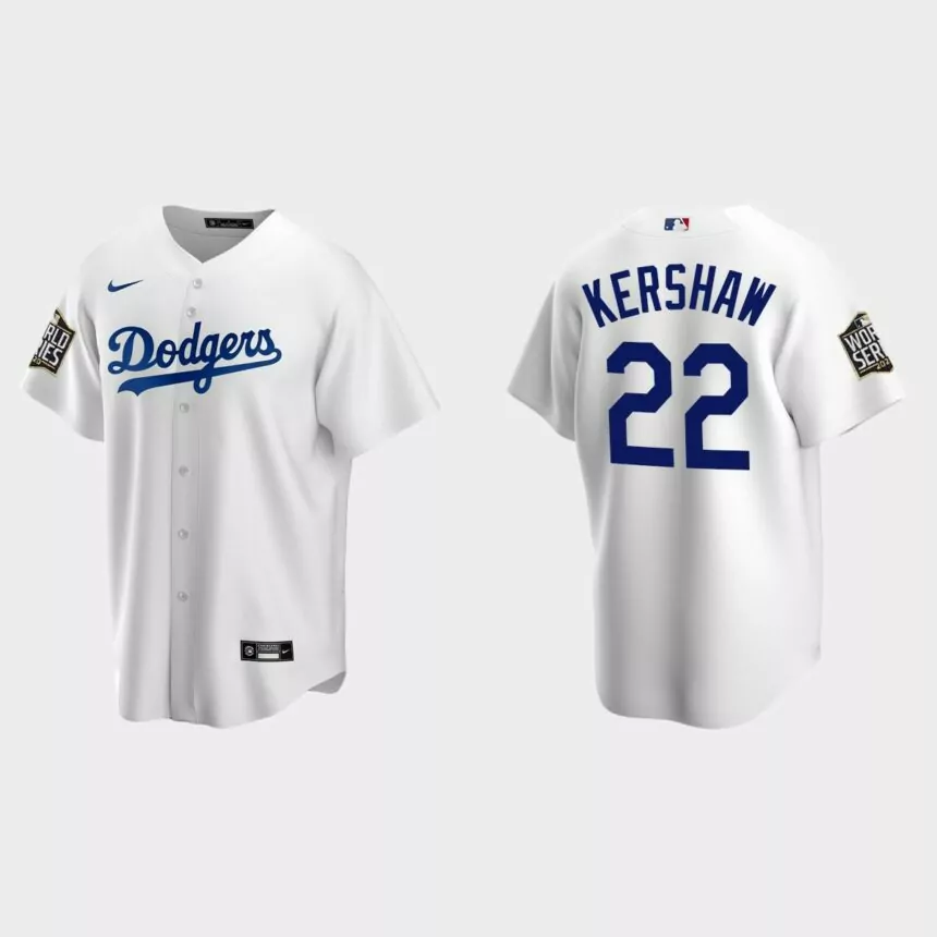 Youth Los Angeles Dodgers #22 Clayton Kershaw Replica 2020 World Series Home Jersey – White