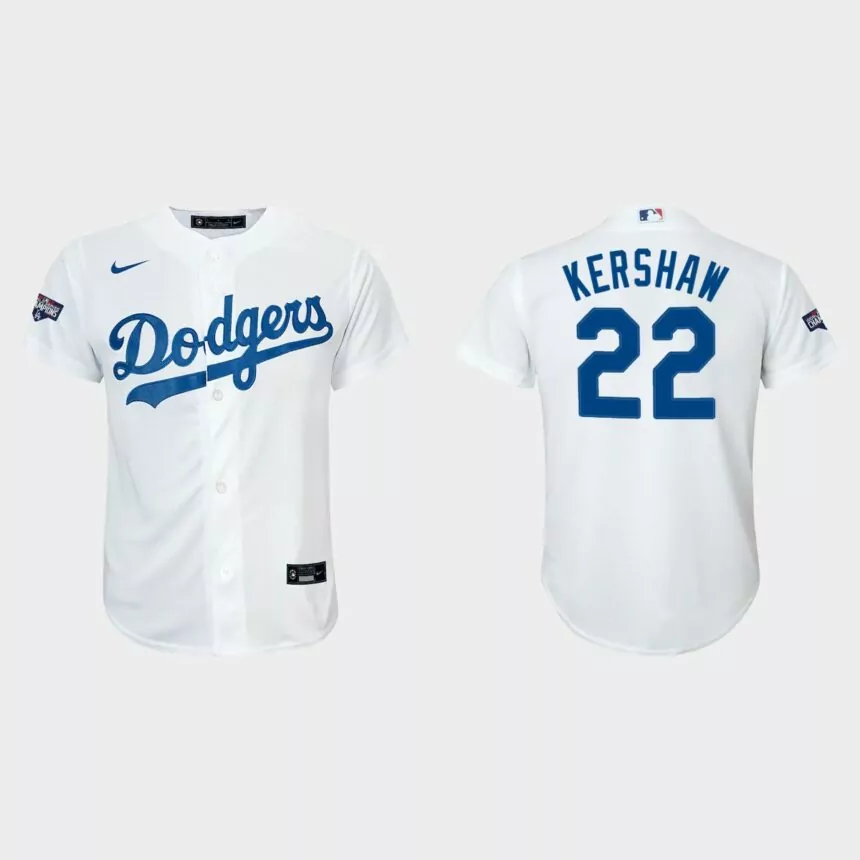 Youth Los Angeles Dodgers #22 Clayton Kershaw White 2020 World Series Champions Home Replica Player Nike Jersey