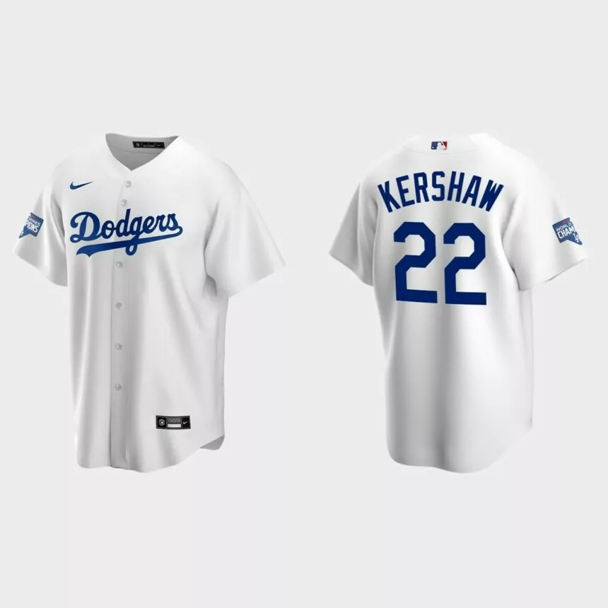 Youth Los Angeles Dodgers #22 Clayton Kershaw White 2020 World Series Champions Replica Home Jersey