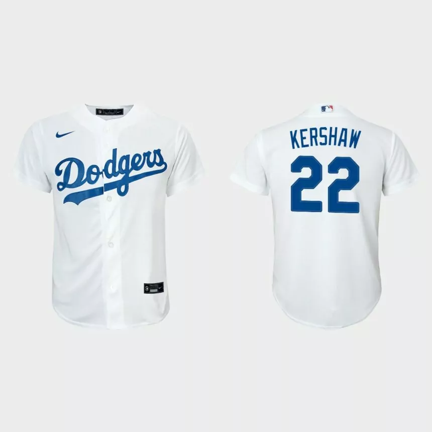 Youth Los Angeles Dodgers #22 Clayton Kershaw White Replica Home Jersey