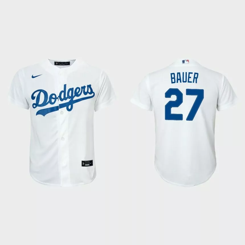 Youth Los Angeles Dodgers #27 Trevor Bauer White Replica Home Jersey