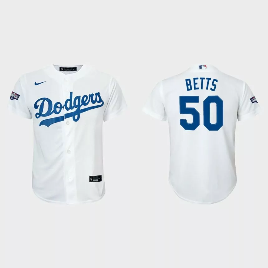 Youth Los Angeles Dodgers #50 Mookie Betts White 2020 World Series Champions Home Replica Player Nike Jersey