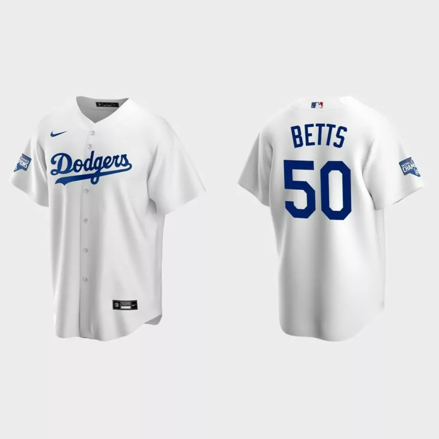 Youth Los Angeles Dodgers #50 Mookie Betts White 2020 World Series Champions Replica Home Jersey