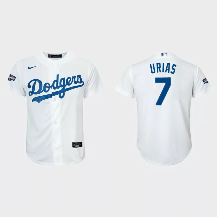 Youth Los Angeles Dodgers #7 Julio Urias White 2020 World Series Champions Home Replica Player Nike Jersey