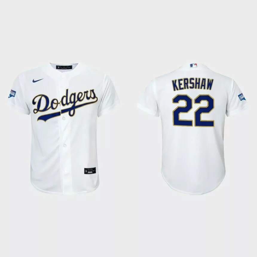 Youth Los Angeles Dodgers Clayton Kershaw 2021 Gold Program White Gold Replica Jersey