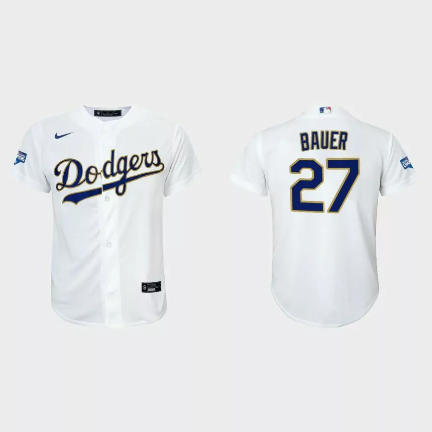 Youth Los Angeles Dodgers Trevor Bauer 2021 Gold Program White Gold Replica Jersey