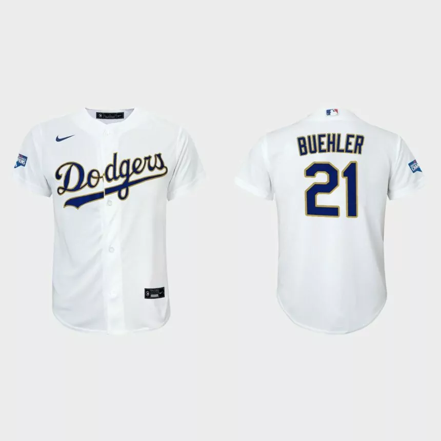 Youth Los Angeles Dodgers Walker Buehler 2021 Gold Program White Gold Replica Jersey