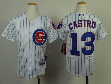 Youth MLB Chicago Cubs #13 Starlin Castro White(Blue Strip) Cool Base Baseball Jersey
