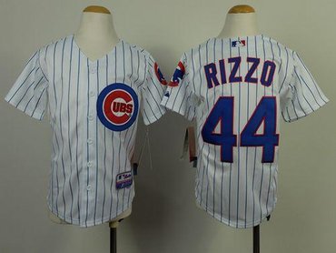 Youth MLB Chicago Cubs #44 Anthony Rizzo White(Blue Strip) Cool Base Baseball Jersey