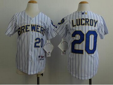 Youth MLB Milwaukee Brewers #20 Jonathan Lucroy White(Blue Stripe) Cool Base Jersey