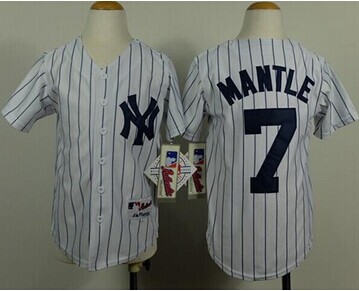 Youth MLB Yankees #7 Mickey Mantle White Name Back Jersey