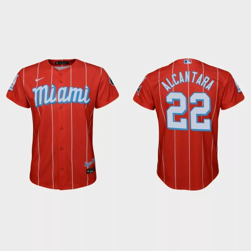 Youth Miami Marlins #22 Sandy Alcantara Red 2021 City Connect Replica Jersey