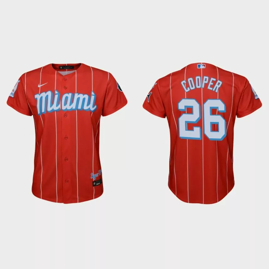Youth Miami Marlins #26 Garrett Cooper Red 2021 City Connect Replica Jersey