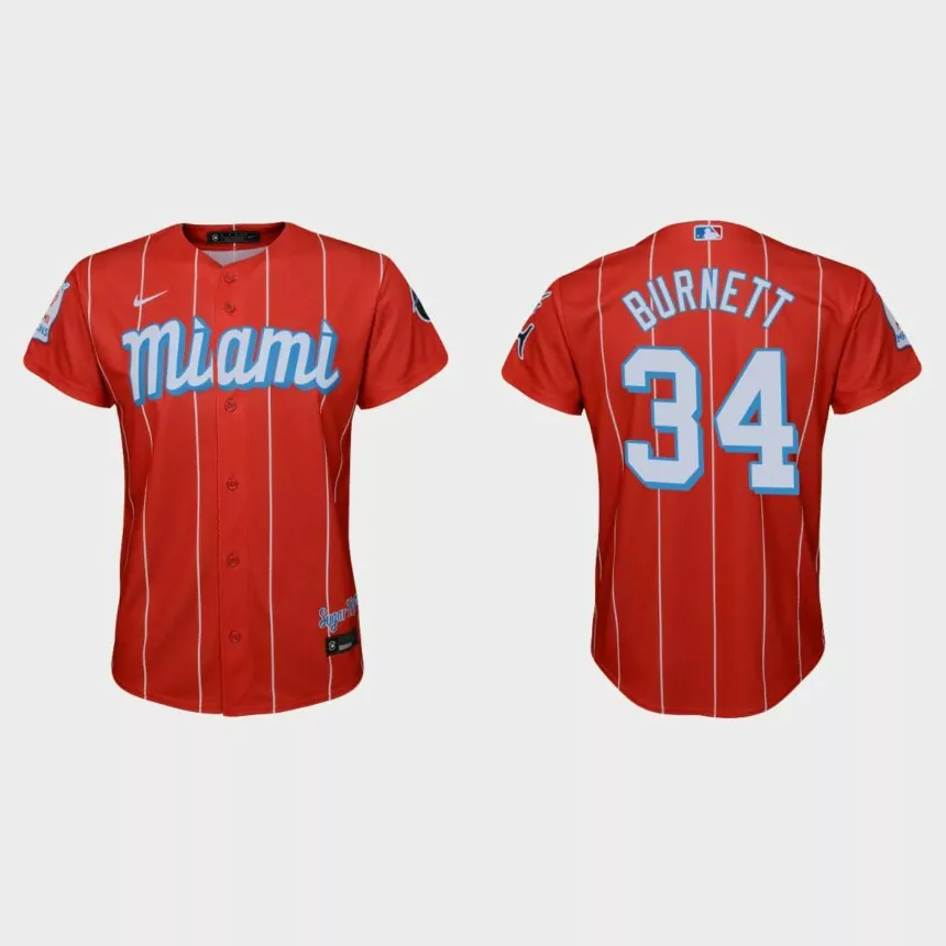 Youth Miami Marlins #34 A.J. Burnett Red 2021 City Connect Replica Jersey