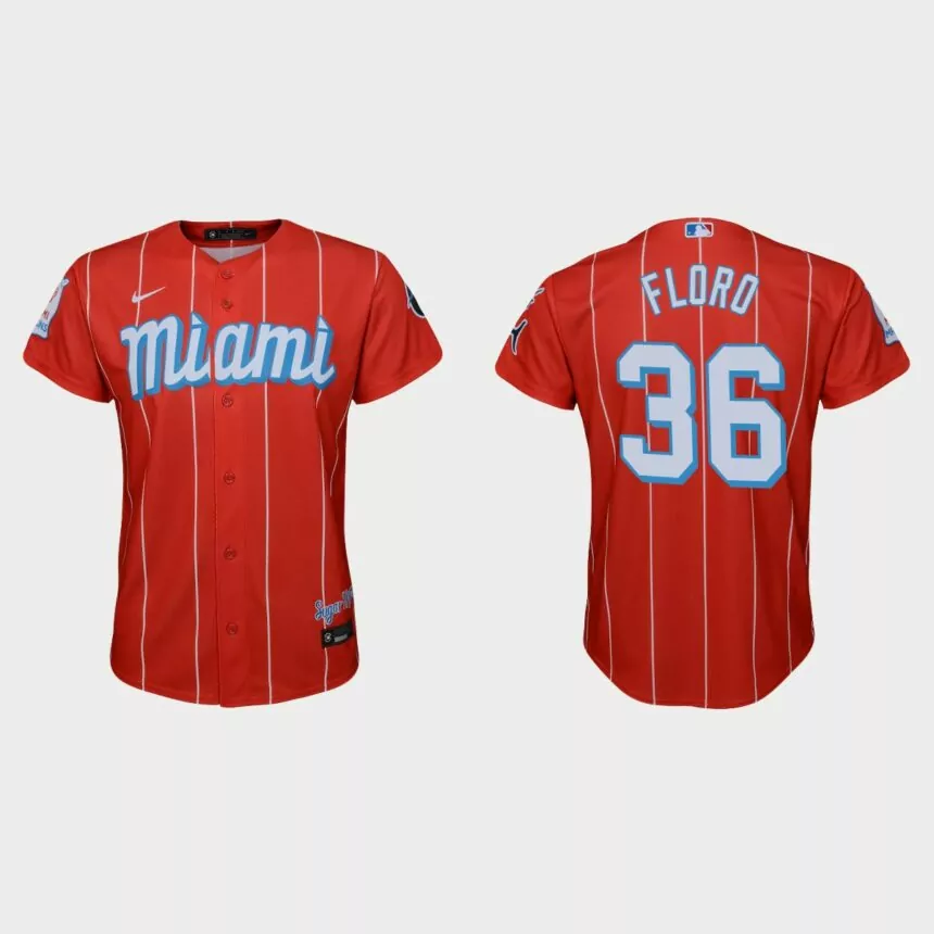 Youth Miami Marlins #36 Dylan Floro Red 2021 City Connect Replica Jersey