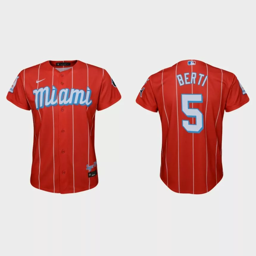 Youth Miami Marlins #5 Jon Berti Red 2021 City Connect Replica Jersey