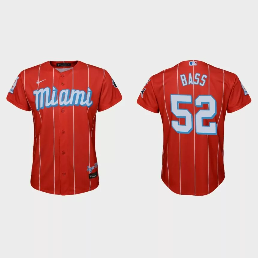 Youth Miami Marlins #52 Anthony Bass Red 2021 City Connect Replica Jersey